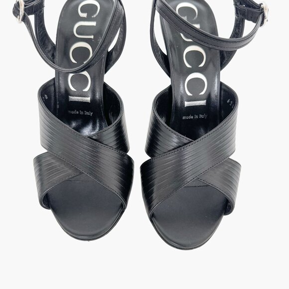 Gucci Betsey 105 Criss-Cross Strap Sandals EU 38 US 8 Black Leather High Heel - Picture 3 of 16